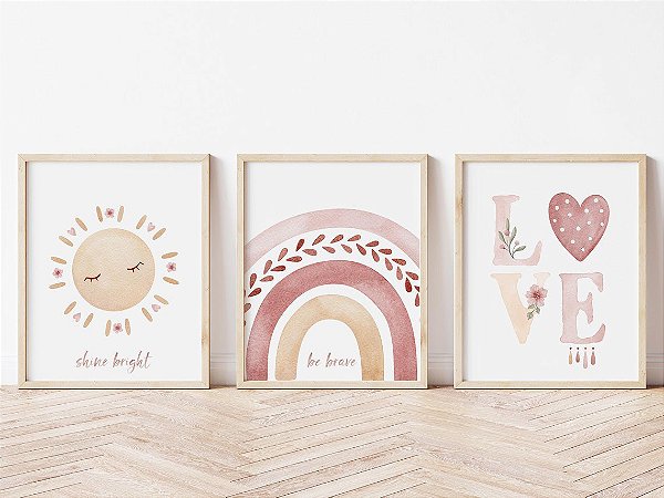 Kit 3 Quadros Decorativos Infantil Love Arco Íris Sol Boho Quarto Menina