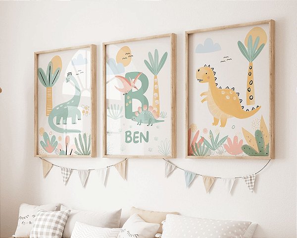 Kit 3 Quadros Personalizado com Nome Dinossauro Quarto Menino