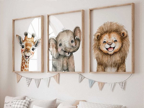 Kit 3 Quadros Decorativos Safari Animais Baby Sorrindo Quarto