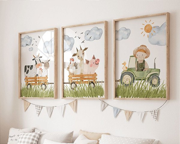 Kit 3 Quadros Animais Fazendinha Trator Quarto Menino