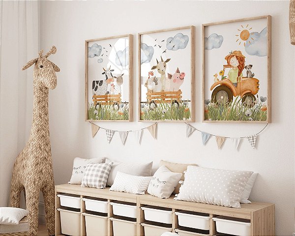 Kit 3 Quadros Animais Fazendinha Trator Quarto Menina