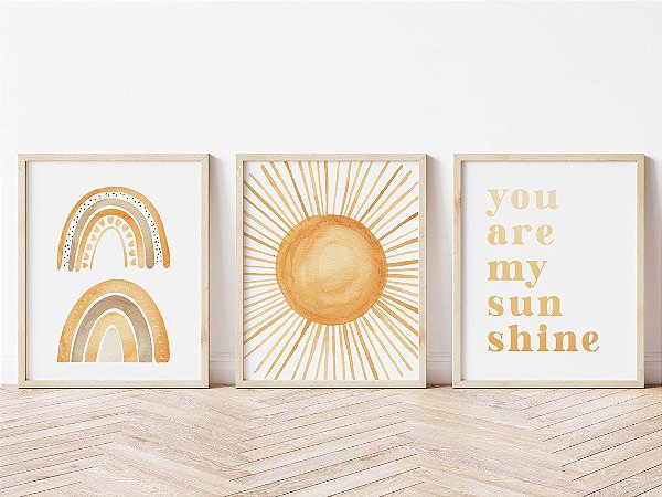 Kit com 3 Quadros Sol Arco-íris Amarelo Decoração Quarto