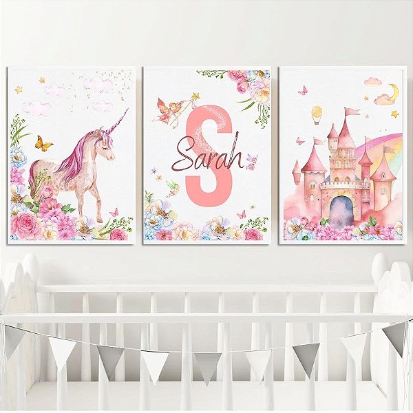 Kit 3 Quadros Unicórnio Castelo Personalizado com Nome Quarto Menina