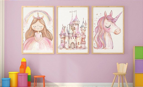 Kit 3 Quadros Castelo Unicórnio Princesa Quarto Menina