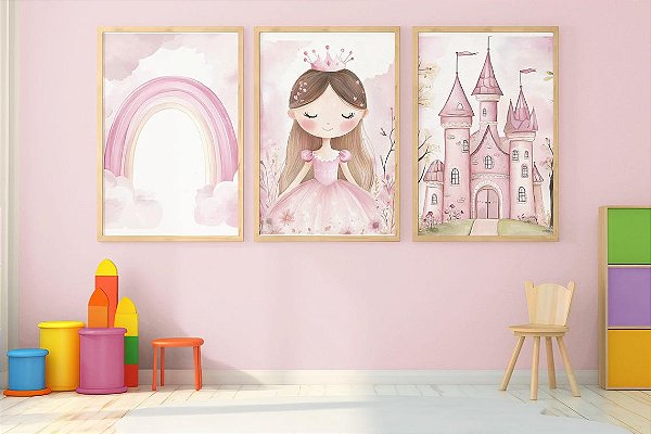 Kit 3 Quadros Castelo Arco Íris Princesa Quarto Menina