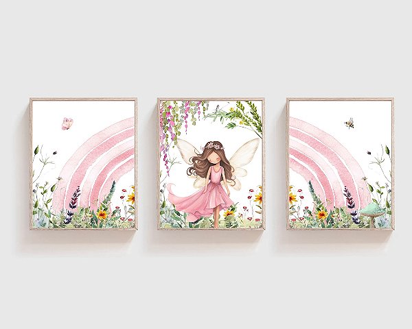 Kit 3 Quadros Fada Arco Íris Rosa Quarto Menina