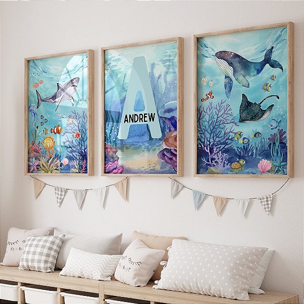Kit 3 Quadros Fundo do Mar Peixes Personalizado com nome