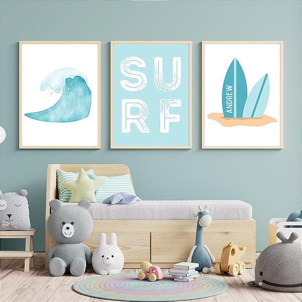 Kit 3 Quadros Surf Ondas Prancha Personalizado com nome
