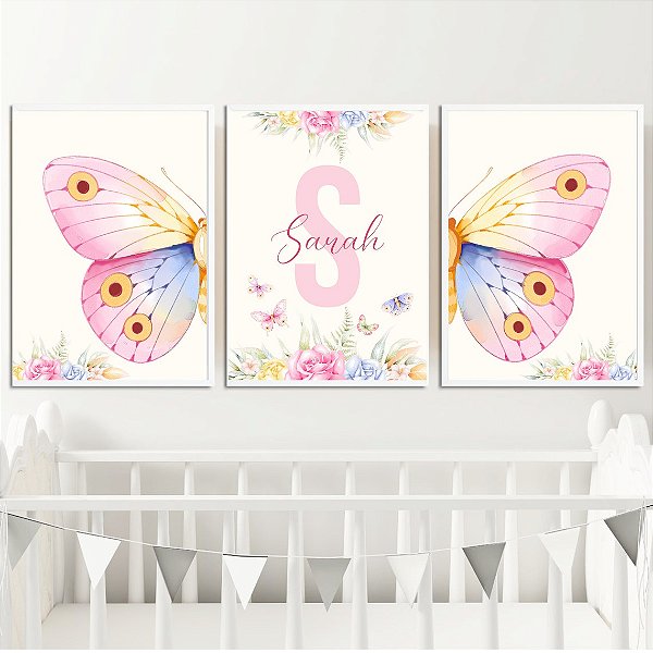 Kit 3 Quadros Borboletas Rosa Flores Personalizado com Nome