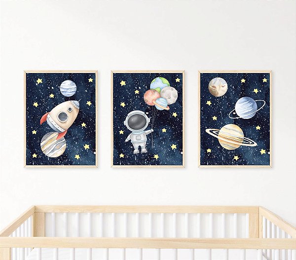 Kit 3 Quadros Astronauta Planetas Espaço Foguete