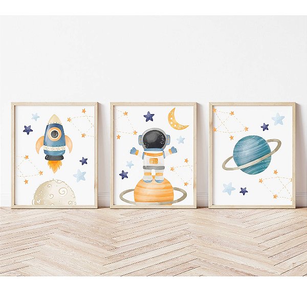 Kit 3 Quadros Astronauta Planetas Foguete Azul