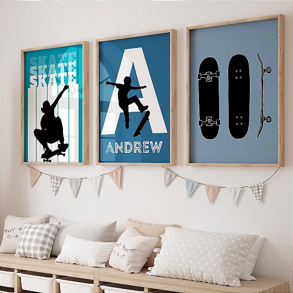 Kit 3 Quadros Skate Azul Personalizado com Nome