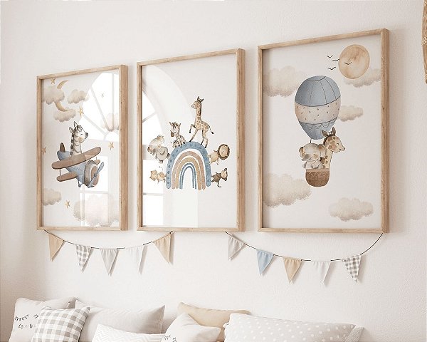 Kit 3 Quadros Animais Aviador Balão Arco Íris Azul