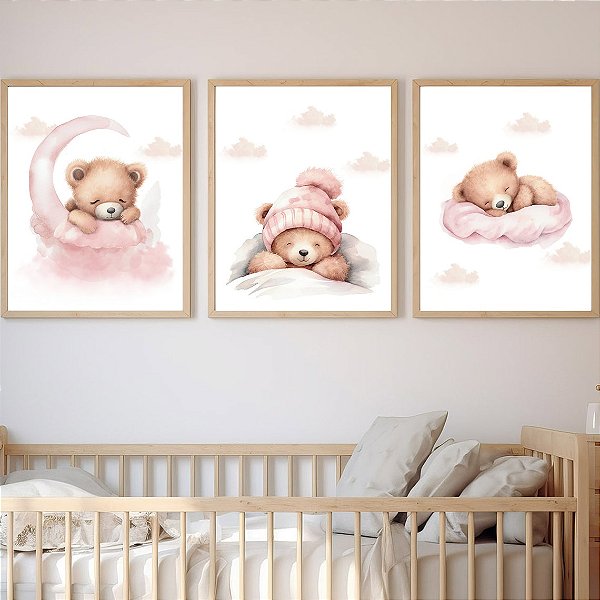 Kit 3 Quadros Ursinha Rosa Lua Dormindo
