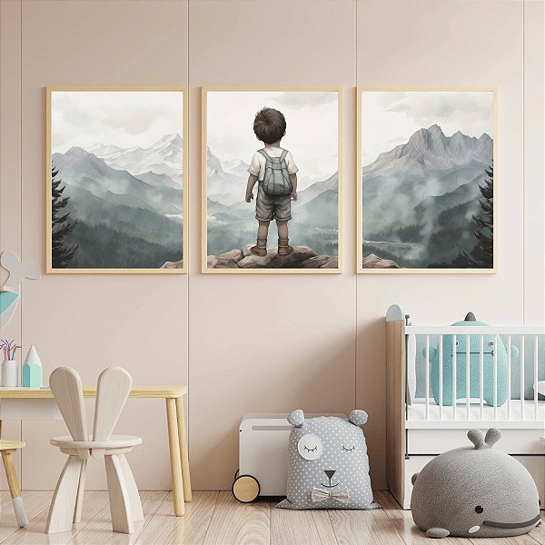 Kit 3 Quadros Menino Montanha Aventuras