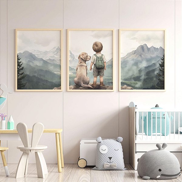 Kit 3 Quadros Menino e Cachorro Montanha Aventuras