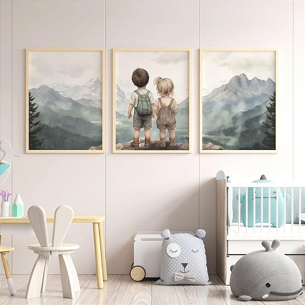 Kit 3 Quadros Menino e Menina Irmãos Montanha Aventuras