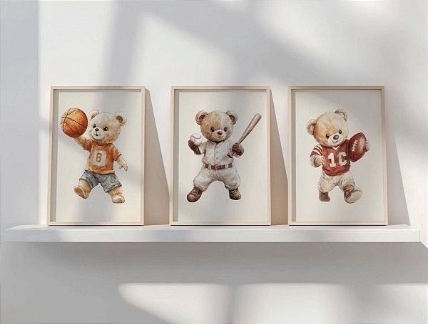 Kit 3 Quadros Ursinho Esportivo Esporte Decoração