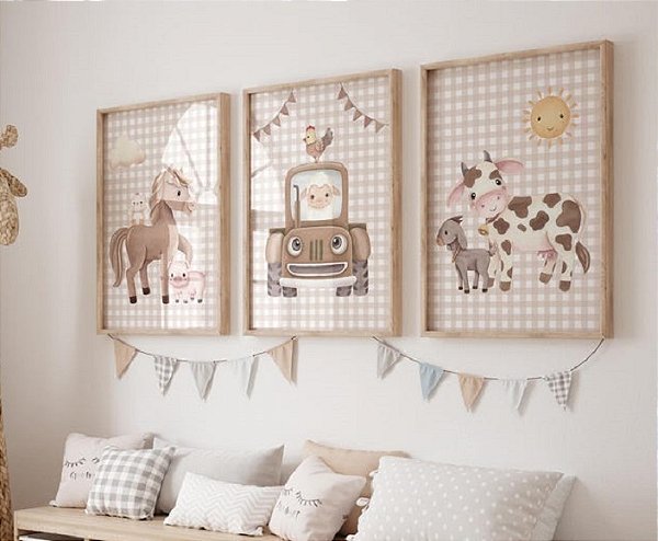 Kit 3 Quadros Animais Fazendinha Quarto Neutro Xadrez Bebê