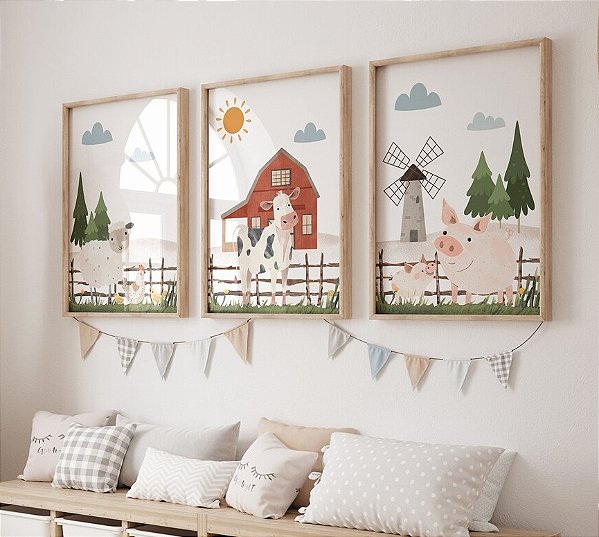 Kit 3 Quadros Animais Fazendinha Celeiro Quarto Bebê Infantil