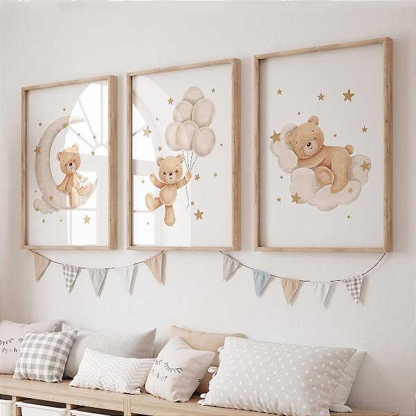 Kit 3 Quadros Ursinho Neutro Nuvem Lua Quarto Bebê Infantil