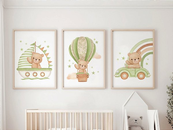 Kit 3 Quadros Ursinho Verde Navio Carro Balão Quarto Bebê Infantil