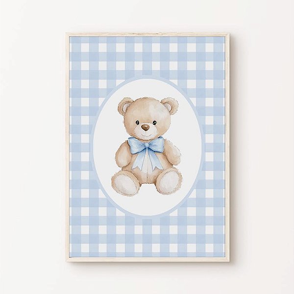 Quadro Ursinho Azul Xadrez Quarto Bebê Infantil
