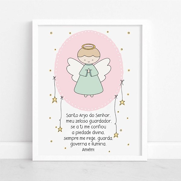 Quadro Oração Santo Anjo Anjinho Rosa Quarto Bebê Infantil