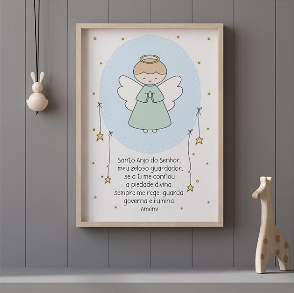 Quadro Oração Santo Anjo Anjinho Azul Quarto Bebê Infantil