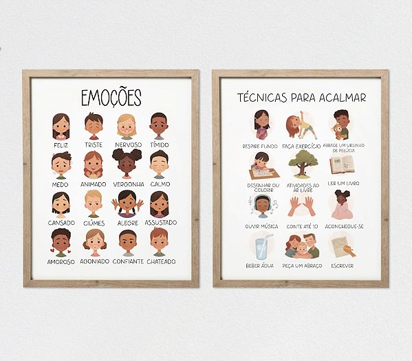 Kit 2 Quadros Emoções Técnicas para Acalmar Crianças Infantil Educativo Terapia