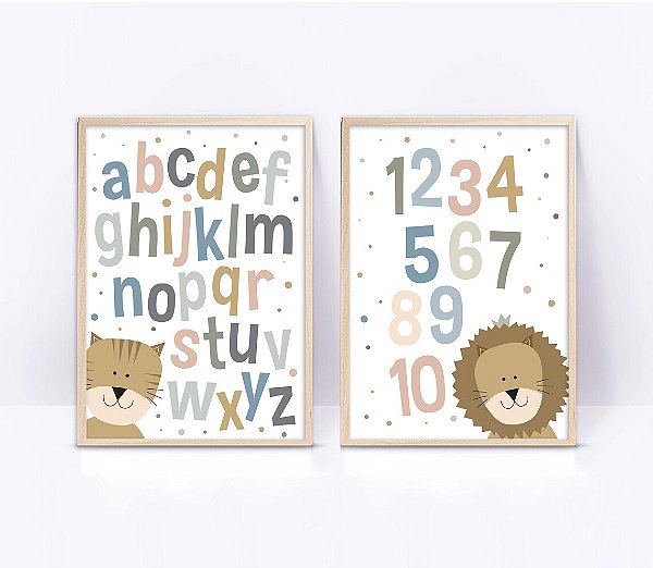 Kit 2 Quadros Alfabeto Números Arco-Íris Crianças Infantil Educativo