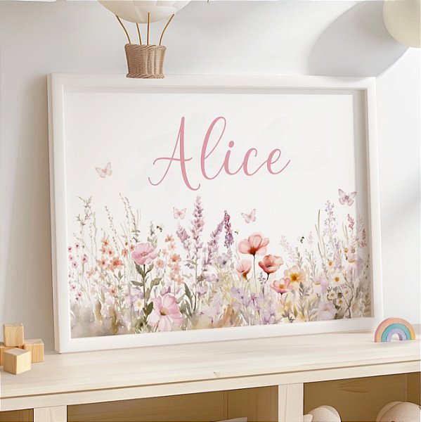 Quadro Flores Rosa Personalizado com Nome Quarto Bebê Maternidade