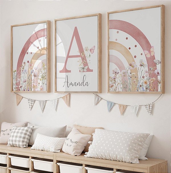 Kit 3 Quadros Arco-Íris Flores Rosa Personalizado com Nome