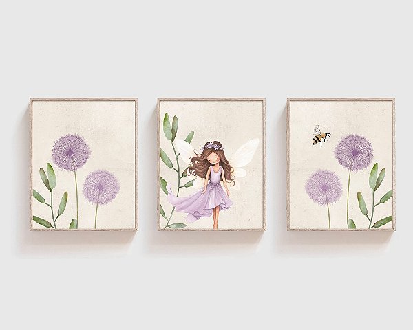 Kit 3 Quadros Fada Arco Íris Flores Lilás Quarto Menina
