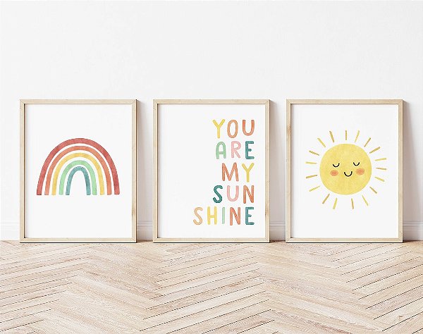 Kit 3 Quadros Arco Íris Sol Sunshine Quarto Criança