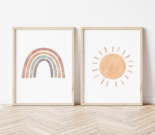 Kit 3 Quadros Arco Íris Sol Boho Quarto Bebê Criança