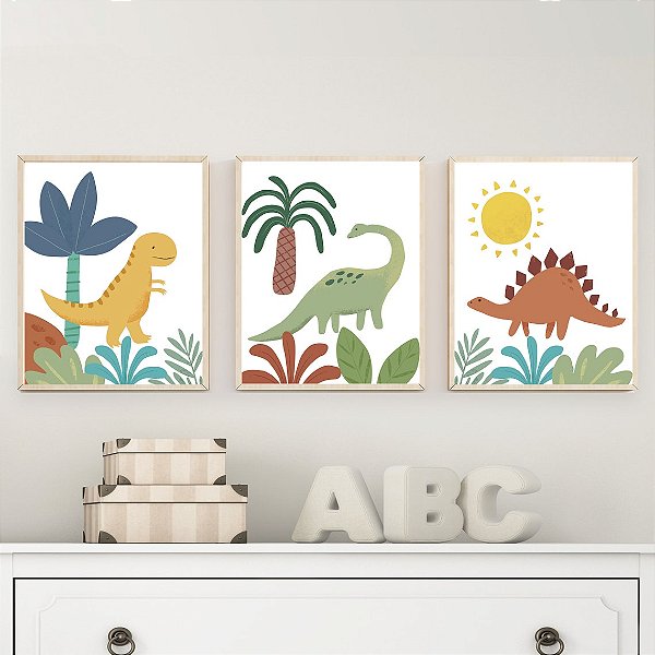 Kit 3 Quadros Dinossauros Coloridos Quarto Bebê Menino
