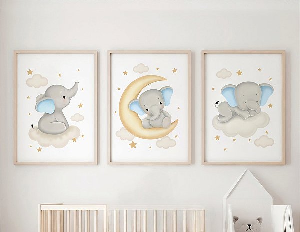 Kit 3 Quadros Elefante Lua Nuvem Dormindo Quarto Bebê Menino