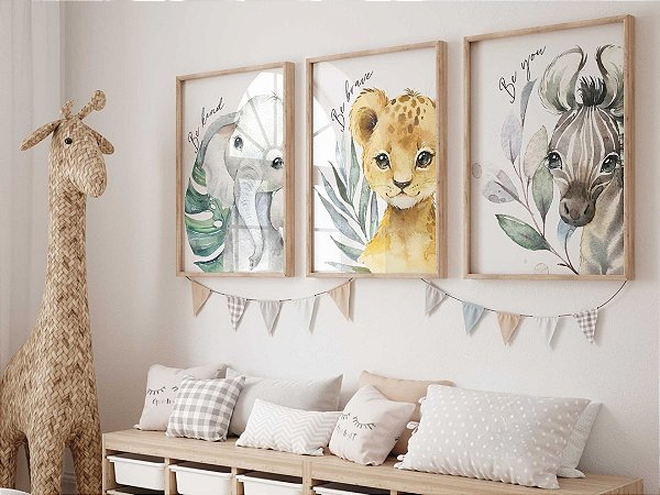 Kit 3 Quadros Animais Safari Quarto Bebê Infantil