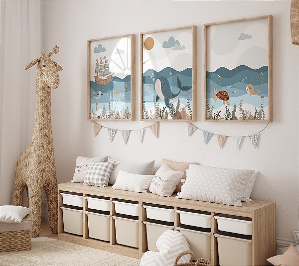 Kit 3 Quadros Fundo do Mar Peixes Baleia Quarto Bebê Infantil
