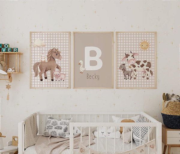 Kit 3 Quadros Fazendinha Animais Xadrez Personalizado com Nome