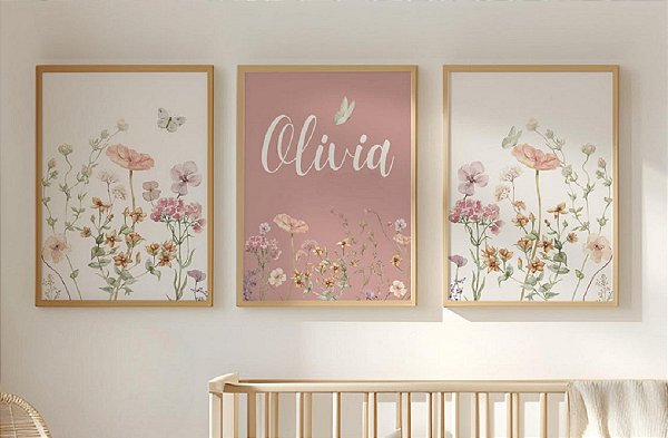 Kit 3 Quadros Flores Rosa Borboleta Personalizado com Nome