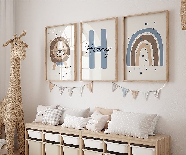 Kit 3 Quadros Leão Arco-Íris Personalizado com Nome