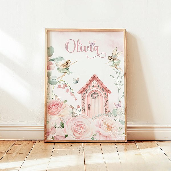 Quadro Fada Flores Borboleta Rosa Personalizado com Nome