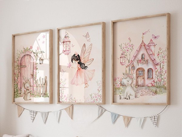 Kit 3 Quadros Fada Flores Unicórnio Coelho Rosa