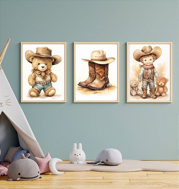 Kit 3 Quadros Ursinho Menino Chapéu Cowboy Vaqueiro