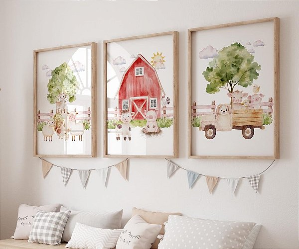 Kit 3 Quadros Fazendinha Animais Celeiro Quarto