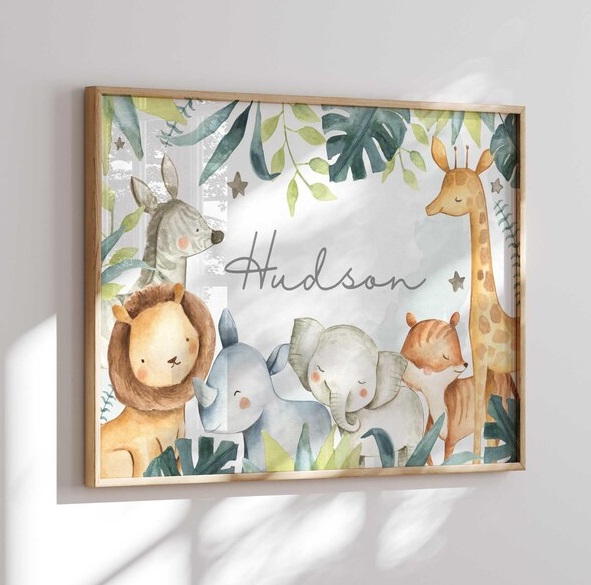 Quadro Safari Animais Personalizado com Nome Quarto Bebê