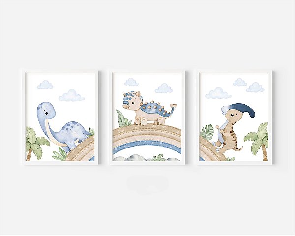 Kit 3 Quadros Dinossauros Arco-Íris Quarto Menino