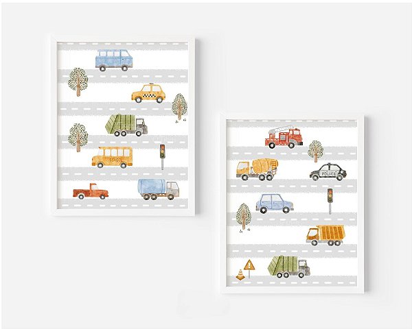 Kit 2 Quadros Carros Ônibus Caminhão Quarto Menino